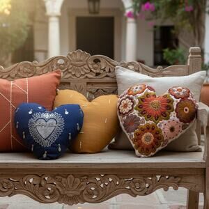 Mexican hand embroidered heart shape decorative pillow